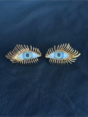Schiaparelli Inspired Gold Eyelash Eye Stud Earrings